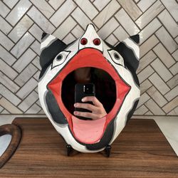 Amazing Balinese Folk Art Painted Wood Pig Hyena ? Mirror Indonesia Black & White 7.5”x9”