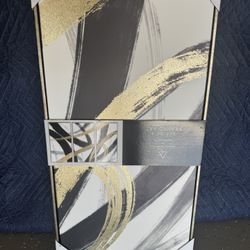 Set Of 3 Abstract Art Black And Gold