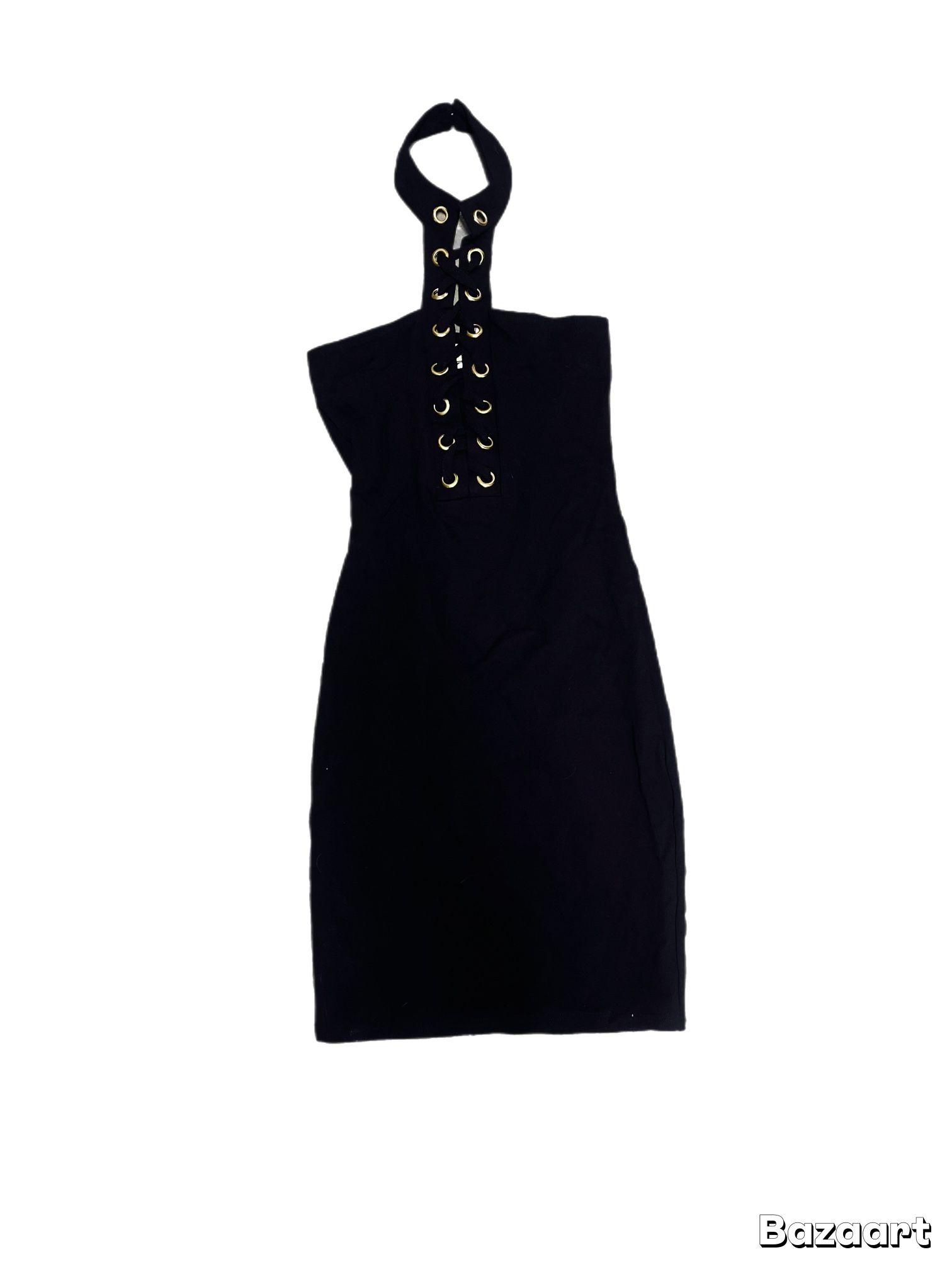 Black Mini Dress with Gold Grommet Detail