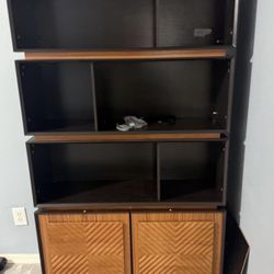 70” Tall Kitchen Cabinet 5 Tier Bookcase with Storage Cabinet Mid-Century Modern Wood Bookshelf