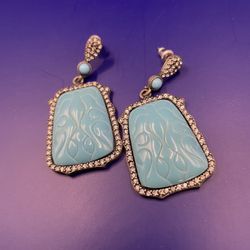 Vintage Carved Turquoise Style Drop Earrings Pave Rhinestone Halo Silver Tone