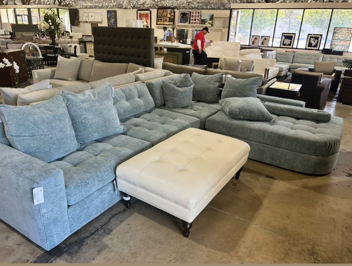 Modern Washed-Denim Sectional Couch — 4 Pieces, 7 Pillows