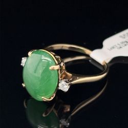 14 Karat, Yellow Gold Oval  Jade And Diamond Ring Size 10. I–944.