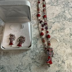 Enameled “Red Hat Lady" dangle earrings and necklace