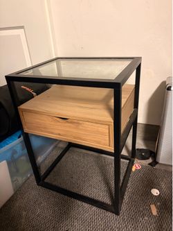 Modern Industrial End Table / Nightstand with Glass Top & Drawer