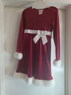 Bonnie Jean Sequin Bodice Holiday Dress. Red Velvety Girl Santa Dress Fur Trim.