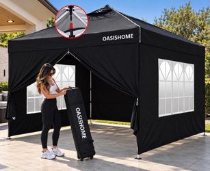 Canopy Tent 10'x10' Pop Up Gazebo with 1-Person Set Up, 4 Sidewalls, Wheeled Bag, Waterproof black p-5