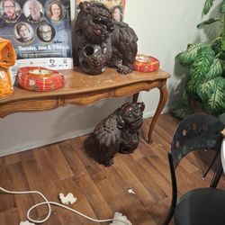 Chinese Wood Carved Vintage Foo Dogs