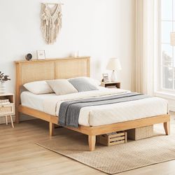 Rattan Queen Size Bed Frame with LED Headboard and Storage, Boho Platform Bed Frame with Wood Headboard, No Box Spring Needed  $150  📍 Warehouse Addr