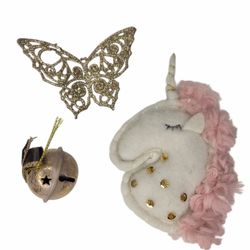 Pink Unicorn and Gold Butterfly Gold Bell Christmas Tree Ornanents Lot