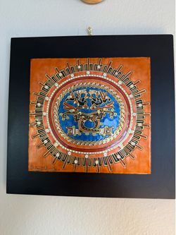 Original Signed Miguel Pineda Enamel On Copper “Sol Muerto” Plaque Mexican Art