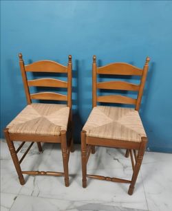 Pair of Vintage 26" Counter Height Ladder-Back Chairs with Woven Rush Seats