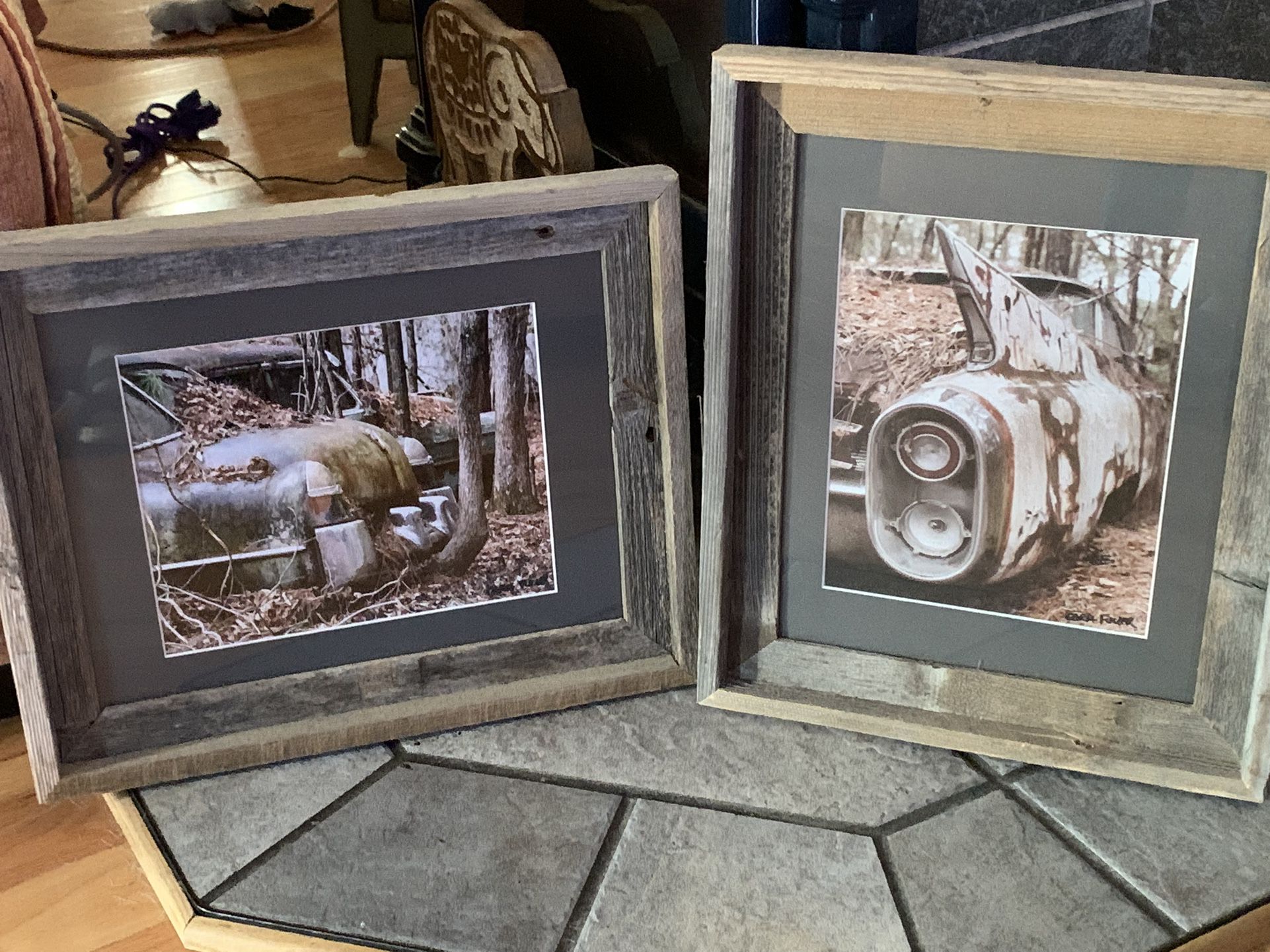 Signed & Framed Pair Vintage Old Car Photographs