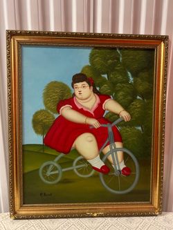 Signed H.Bacall Original Oil Painting After Fernando Botero -Framed 24” x 28”