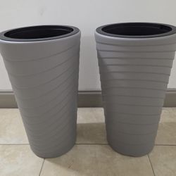 PAIR of 24" Gray Textured Resin Planters (with Irrigation) @ Lasting Creations 