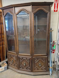 Vintage Mid Century Walnut Curio Display Cabinet Glass Shelves China Hutch