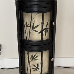 2 Door Round Wood Cabinet Table with Bamboo Leaf Design