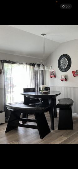 Rounded Triangle Dining Table Set w/ 2 Benches and 2 Stools