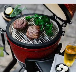 Joe Jr. 13.5 in. Portable Charcoal Grill in Red with Cast Iron Cart, Heat Deflectors and Ash Tool  New