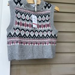 NWT! DKNY Jeans Women's Grey Gray, Pink Fairisle XS sleeveless Sweater Vest.
