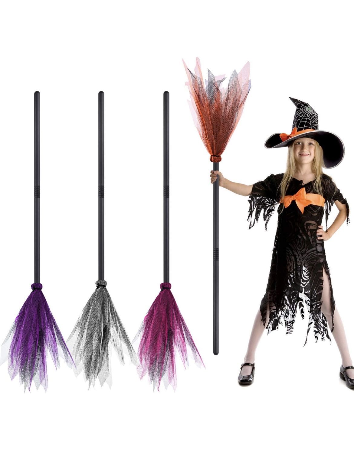 FEPITO 4 Pcs Halloween Witch Broom Wicked Witch Costume Accessories Witch Decorations Broomstick for Halloween Costumes Party 