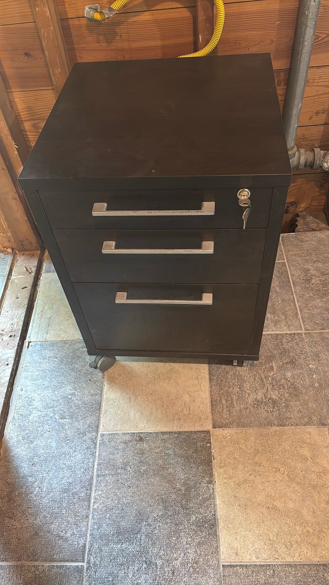 Lockable wooden filing cabinet three drawers with wheels