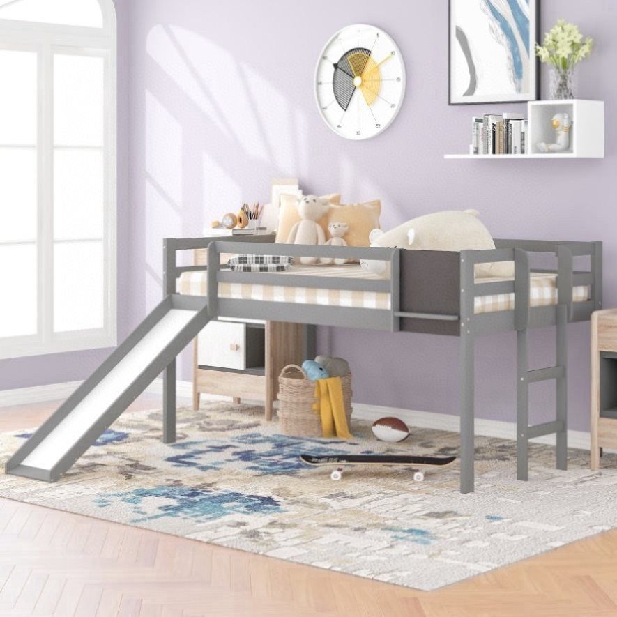 Twin Size Loft Bed with Slide and Stair, Pine Wood Slat Base Bed Frame with Chalkboard, No Box Spring Needed (Gray) 💰160$
