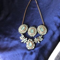 Green Turquoise Colored Cabochon Statement Chandelier Style Necklace