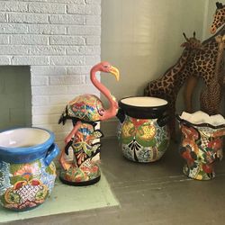 Beautiful Mosaic Plant Pots & Flamingo Statue!