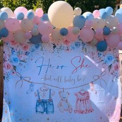 Gender Reveal Backdrop and 2 BLUE poppers