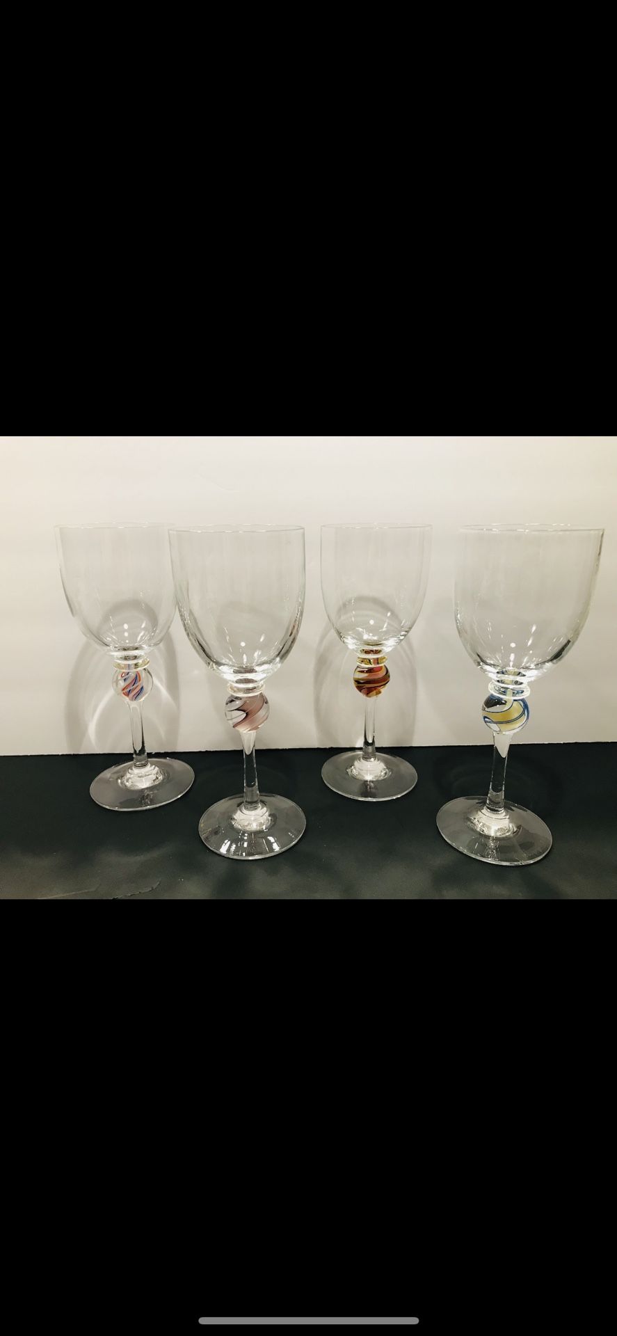 Very Rare STEVEN MASLASH Studio Art Hand Blow Set of 4 Wine Goblets 7.5”. 