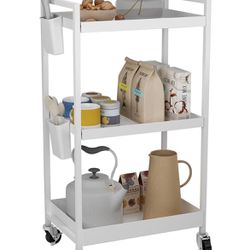 STEEHOOM 3 Tier Utility Rolling Cart, Metal Rolling Storage Cart with Locking Wheels Kitchen Cart with 2 Small Hanging Cups for Bathroom, Office, Balc