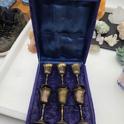 Vintage Brass Wine Goblets India Set of 6 Stem Chalice Tall Glasses With Case