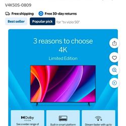 VIZIO 50" Class 4K LED HDR Limited Edition Smart TV (NEW) V4K50S-0809