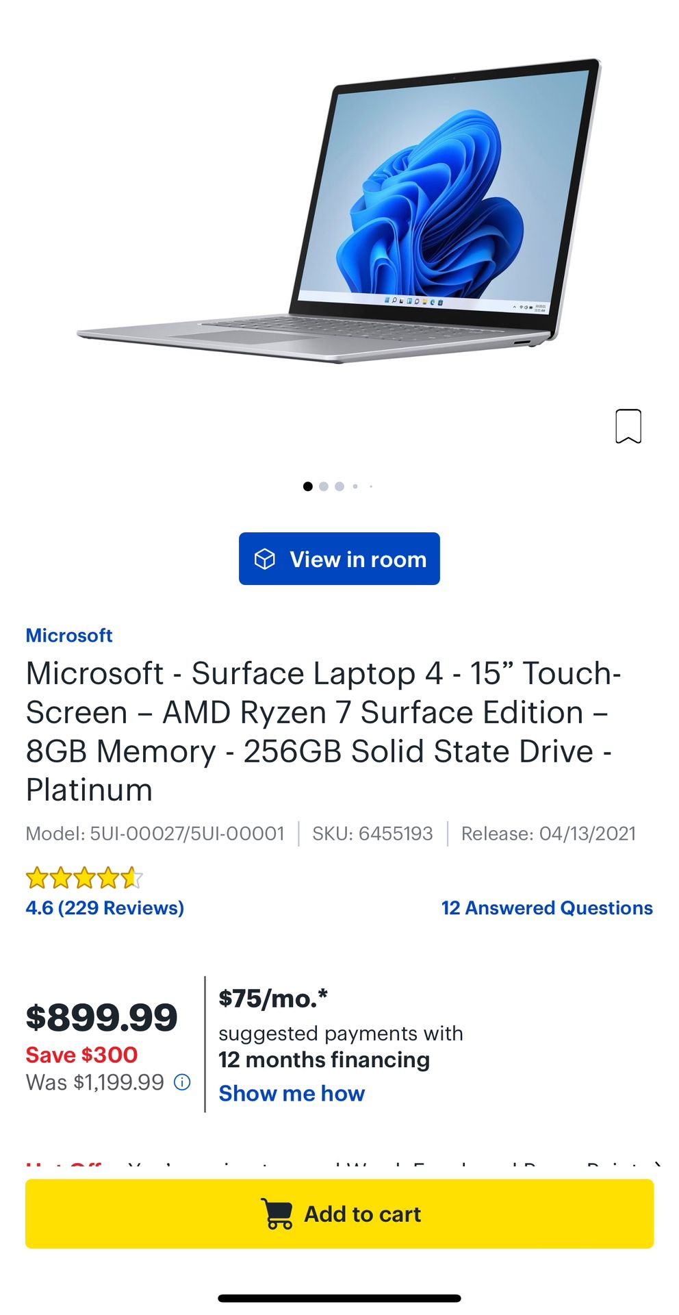 Microsoft Laptop 4 15in 256gb 