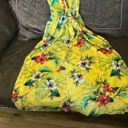 “See You Monday” Yellow Floral Faux Wrap Sun Dress Sz:L 