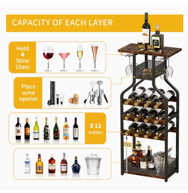 Metal Wine Rack Wine Bottle Holders Stands Freestanding Floor, Wine Storage Organizer Display Rack Table Wine Glass Rack for Bar Kitchen Dining Living