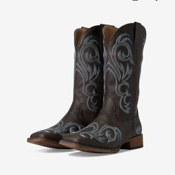 Roper Dark Brown Western Boots With Blue Embroidery