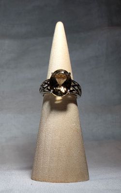 Smoky Quartz Oval Ring, Rhodium Over Sterling Silver Prong Setting Size 7