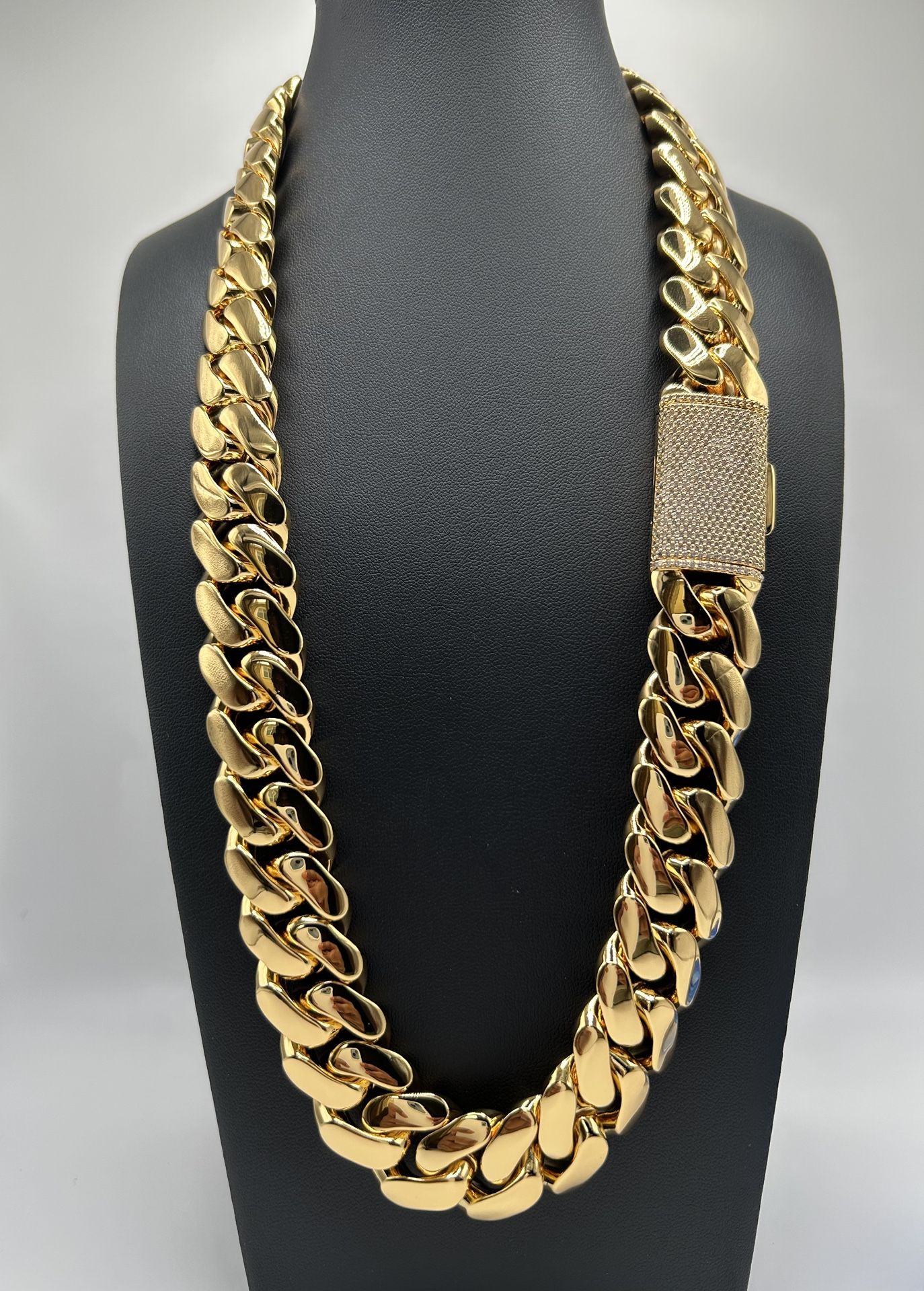 20mm Miami Cuban Link Yellow Gold Plated Chain Necklace 18k & 14k Crab Old School Iced out Diamond Lock 