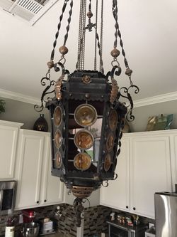 Antique leaded stained glass lantern. 44 inches including mounting. $600 obo