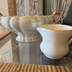 Vintage Pearl China Company Iridescent Pearl Two Handle Bowl & Lenox Vintage Creamer