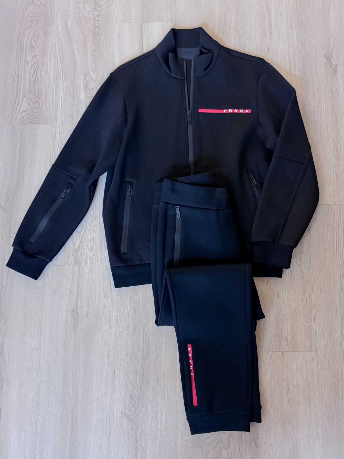 Prada Linea Rossa Tracksuit Jacket & Jogger Pants Set Large Black Red Stripe
