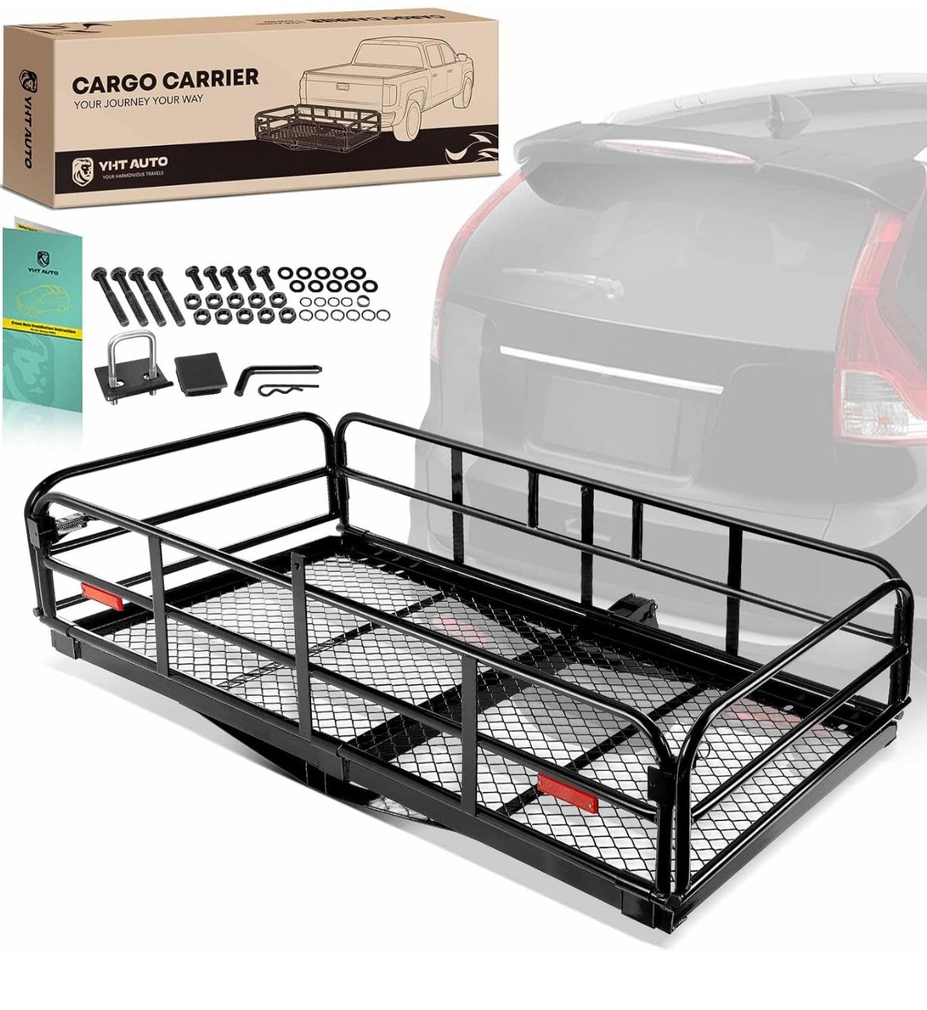 YHTAUTO 60" X 24" X 14.5" Tow Folding Trailer Hitch Cargo Carrier 500 Lbs Manganese Steel Heavy Duty Capacity Cargo Carrier Hitch Mount, Fits 2" Recei