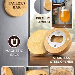 Bamboo Magnetic Bottle Opener – Personalized Engraved Name or Logo – Fridge Mount – Custom Gift