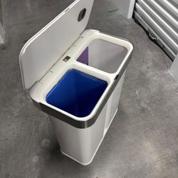 Simple human 58-Liter Dual Compartment Sensor Recycler in white, featuring two internal bins for easy waste sorting and touch-free motion control.  