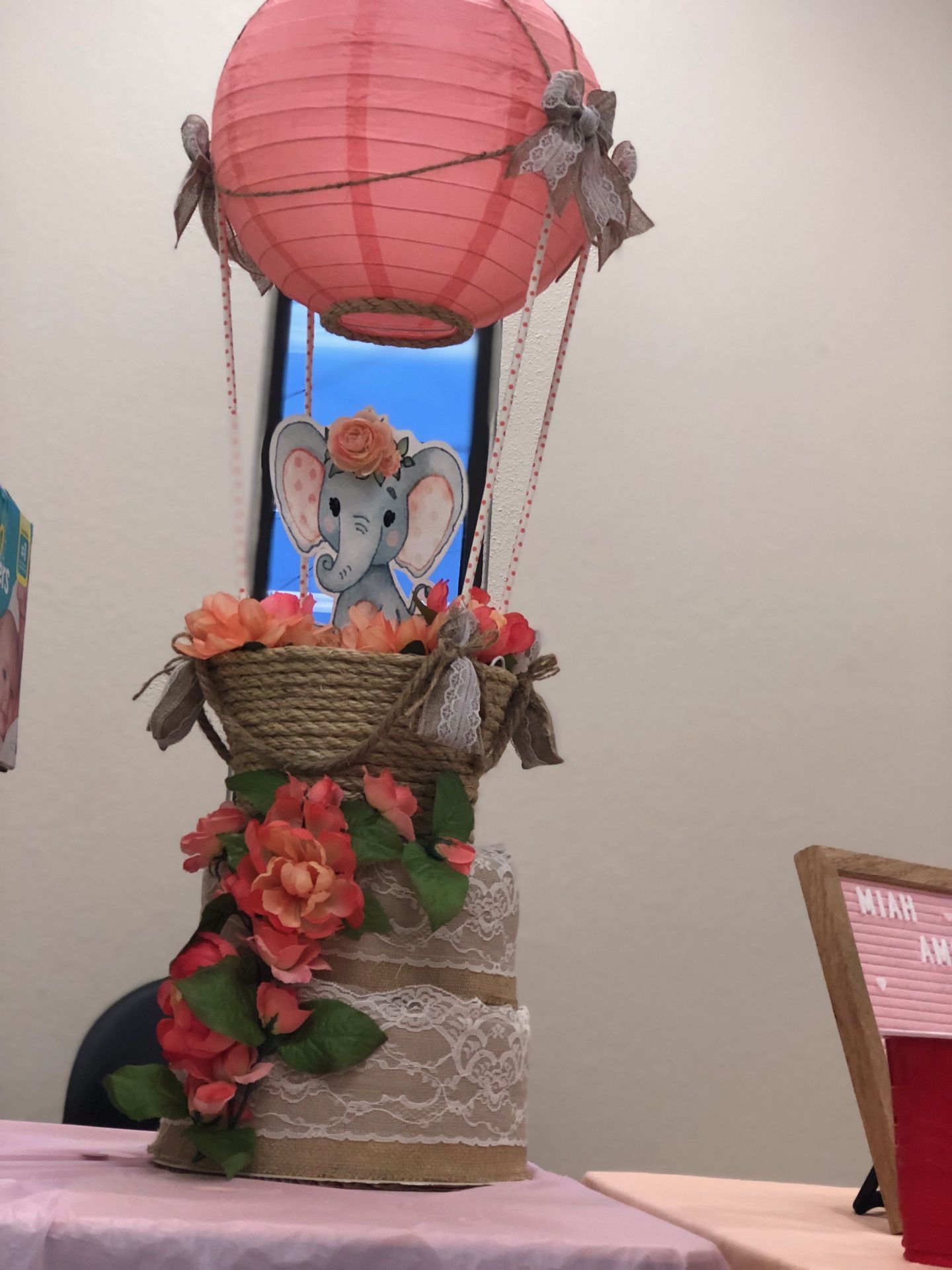 Baby Elephant in Hot Air balloon centerpiece/ diaper cake decoration . For Baby Shower or Birthday Party