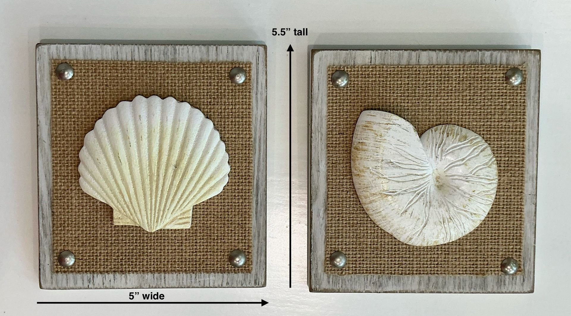 Pair of Small Tan & Cream Resin & Hemp Hanging Shell Art