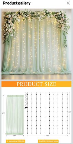 Sage Green Tulle Backdrop Curtains with Lights String 10FT X 8FT