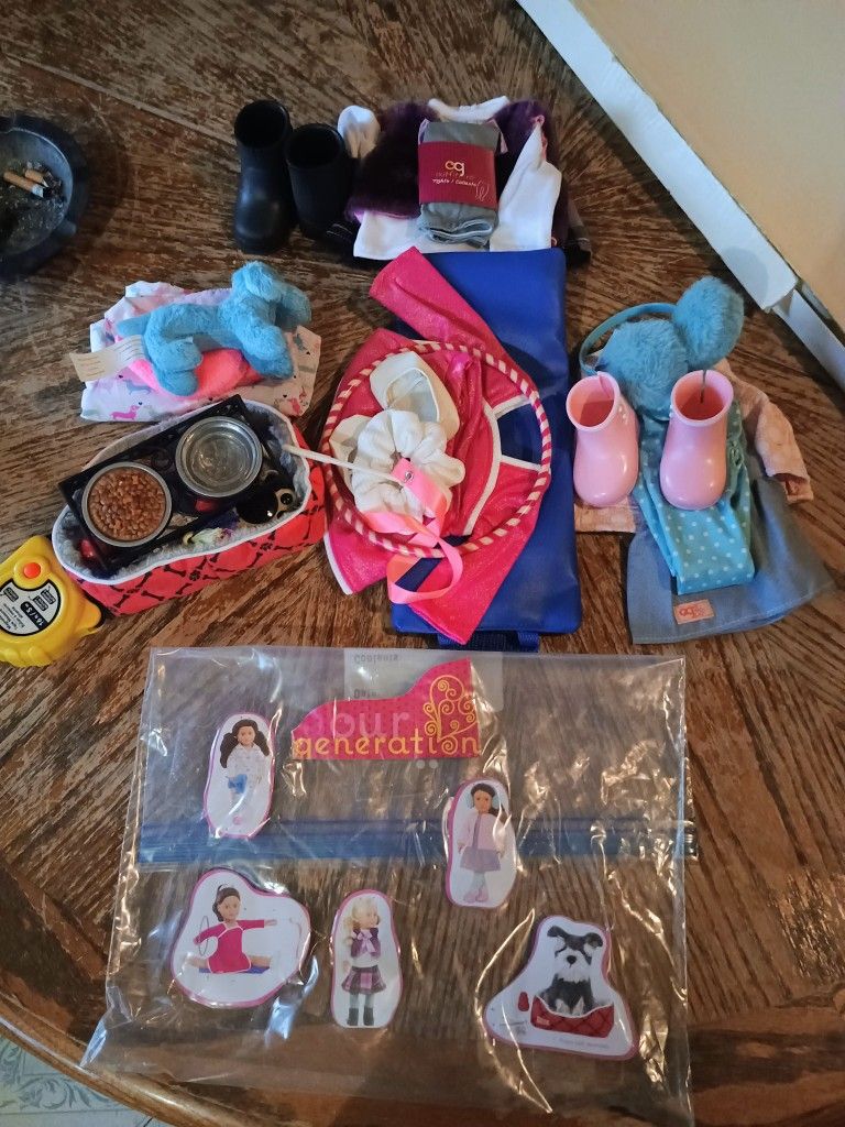 4 Our Generation Outfits For 18" Doll And 1 Our Generation Puppy Kit